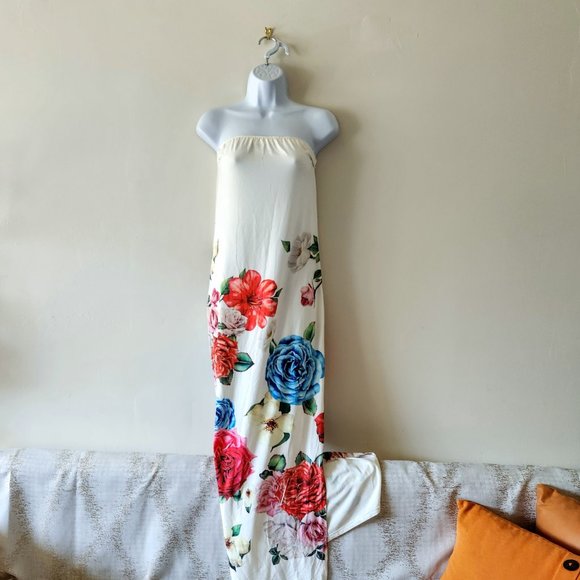 NWOT WHITE WITH FLOWERS MAXI STRAPLESS JERSEY DRESS  sz  M/L - Picture 5 of 6
